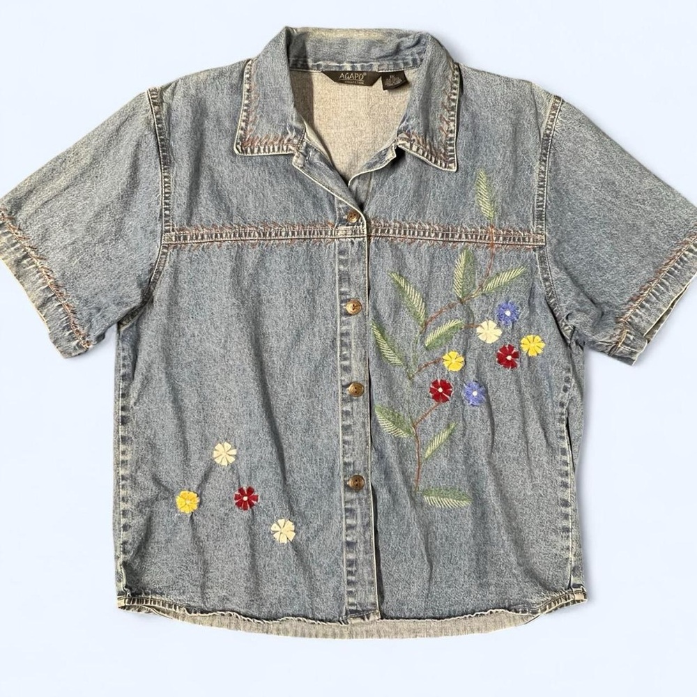 Vintage Denim Blouse Floral Embroidery Short Sleeve XL Cottagecore Fairy Cotton